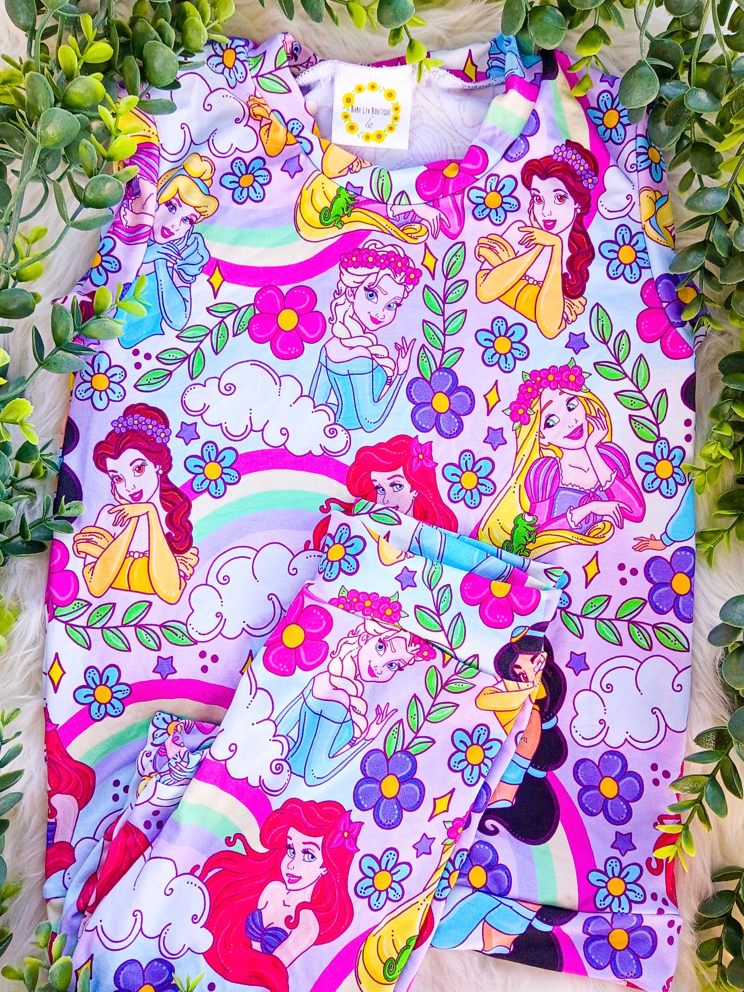 Size 6- Bamboo Ready To Ship Rainbow Princesses Tank Top + Biker Shorts Set
