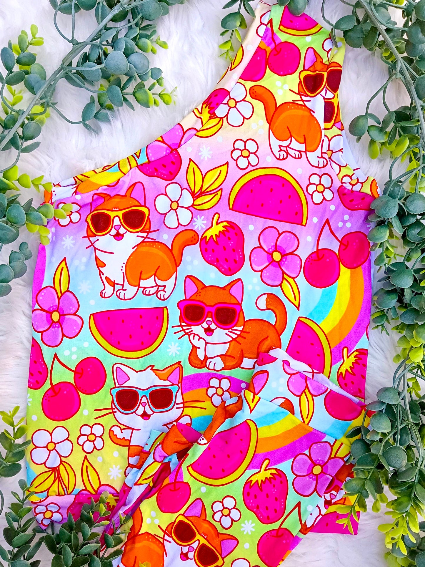 Size 9- Bamboo Ready To Ship Fruit Cats Off Shoulder Top + Biker Shorts Set