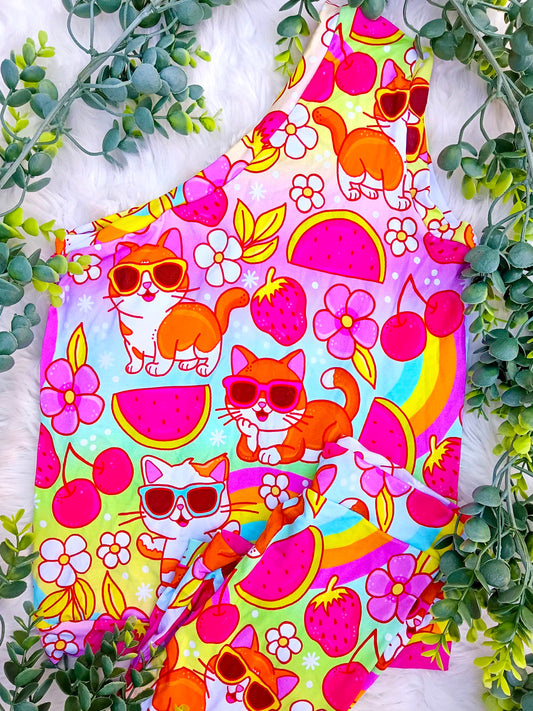 Size 9- Bamboo Ready To Ship Fruit Cats Off Shoulder Top + Biker Shorts Set