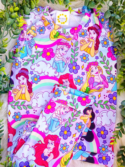 Size 6- Bamboo Ready To Ship Rainbow Princesses Tank Top + Biker Shorts Set